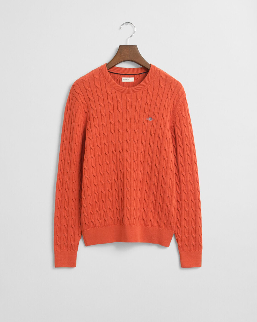 teens shield cotton cable knit crew neck sweater - deep orange