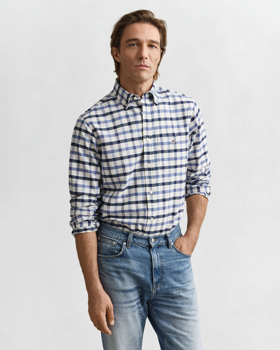 regular fit checked oxford shirt - faded denim