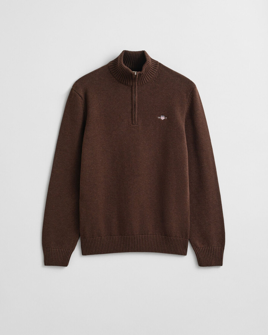 casual cotton halfzip sweater - brown melange
