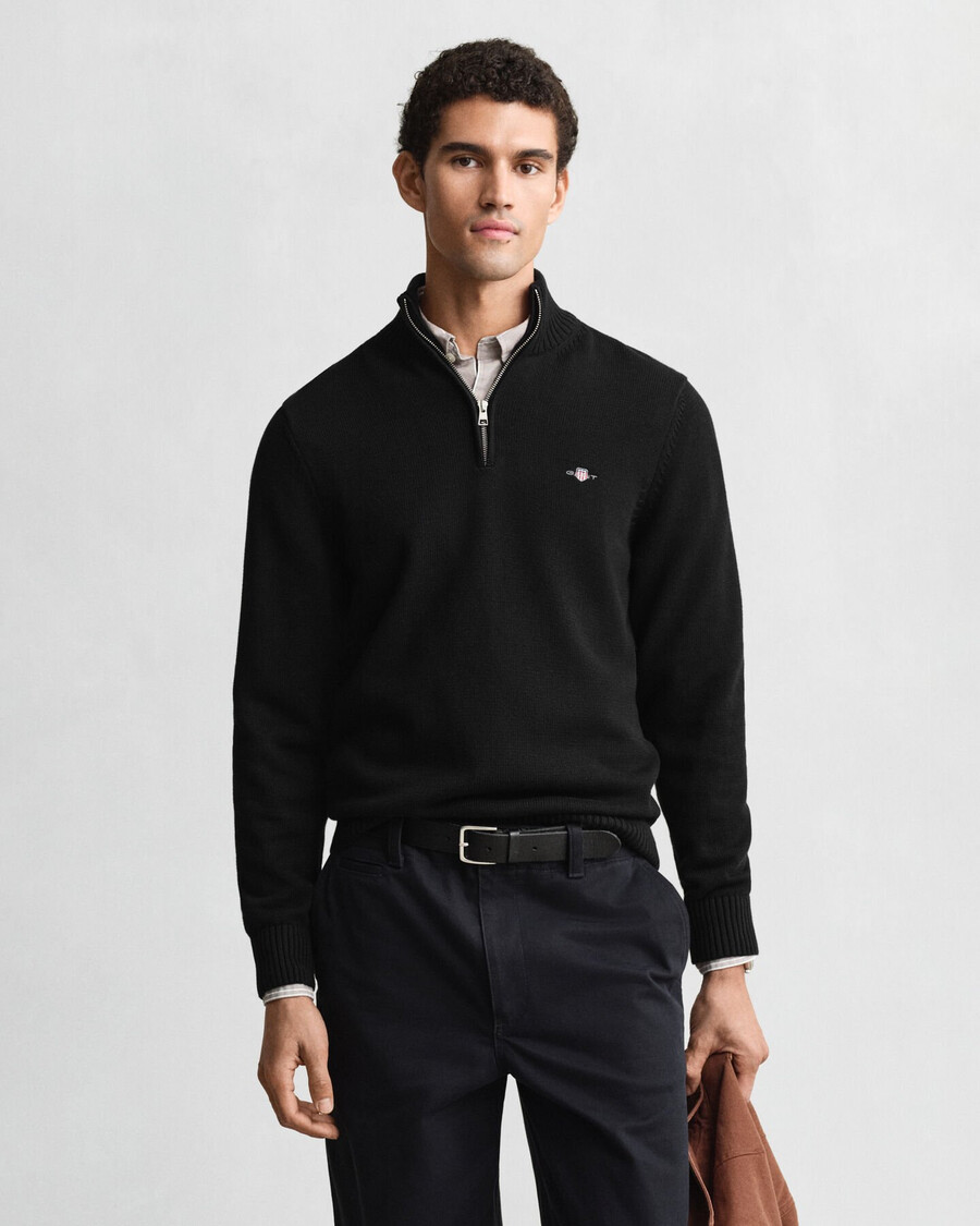 casual cotton halfzip sweater - black