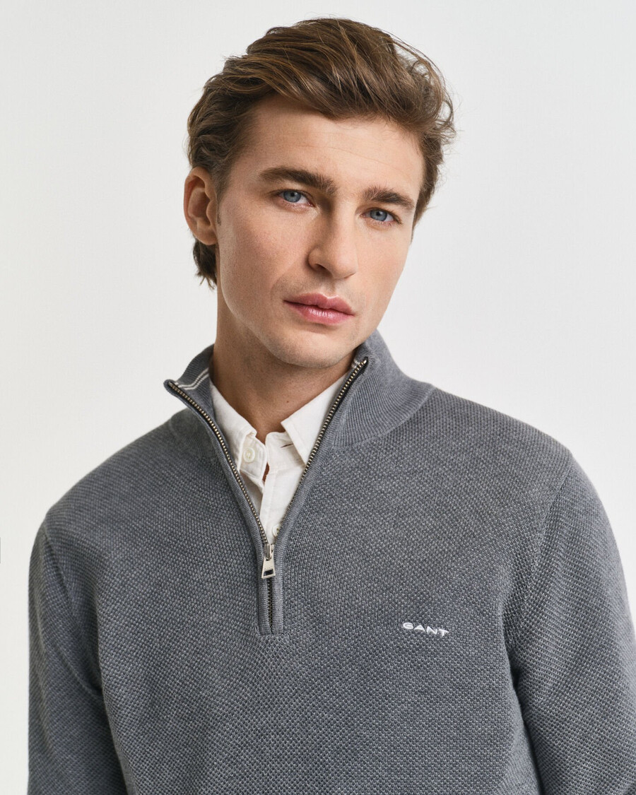 cotton piqué halfzip sweater - dark grey melange