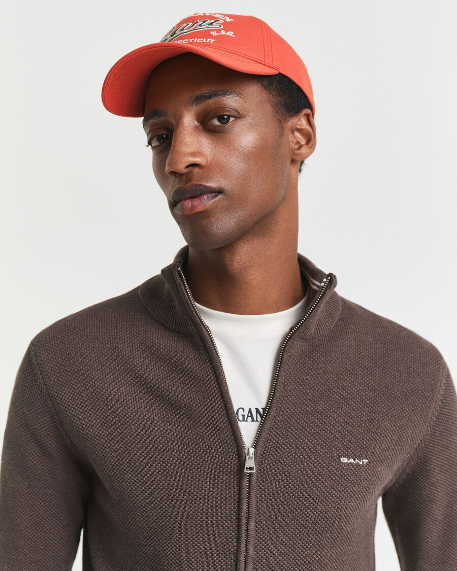 cotton piqué zip cardigan - brown melange