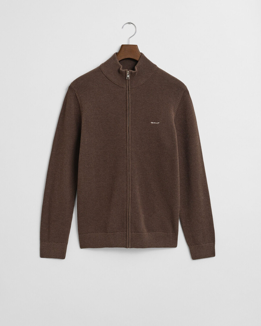 cotton piqué zip cardigan - brown melange