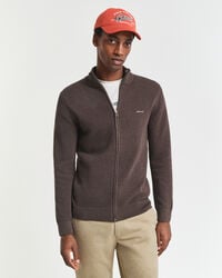 cotton piqué zip cardigan - brown melange