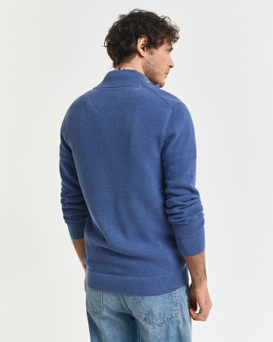 cotton piqué zip cardigan - denim blue melange