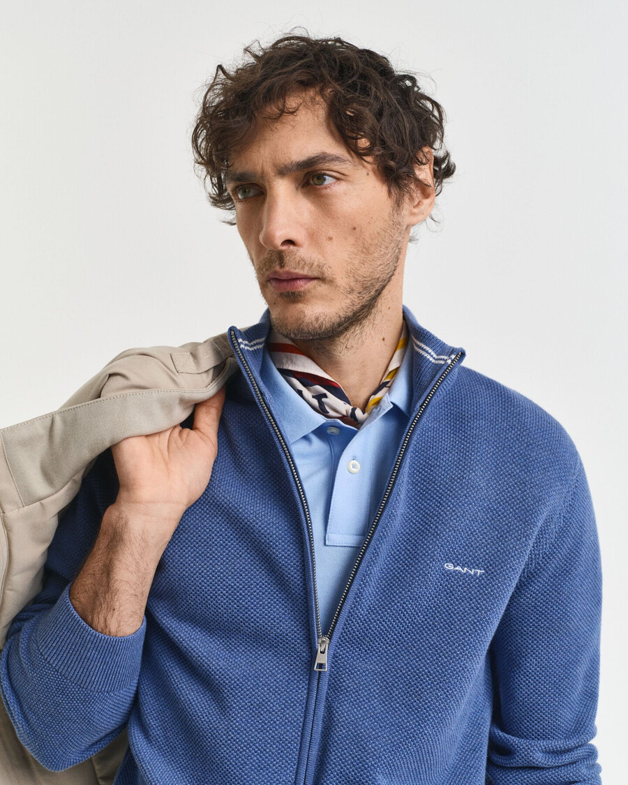 cotton piqué zip cardigan - denim blue melange