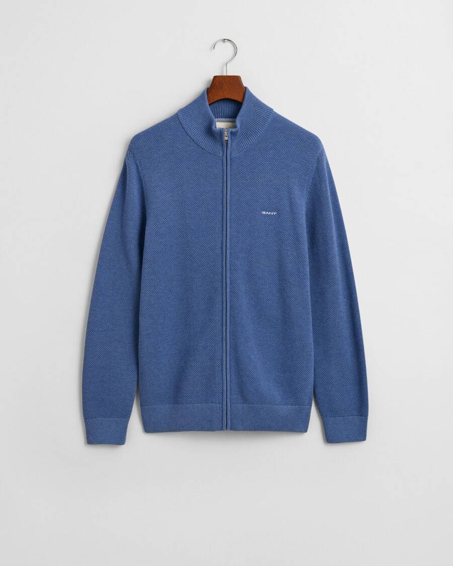 cotton piqué zip cardigan - denim blue melange