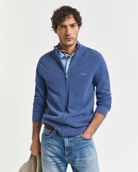 cotton piqué zip cardigan - denim blue melange