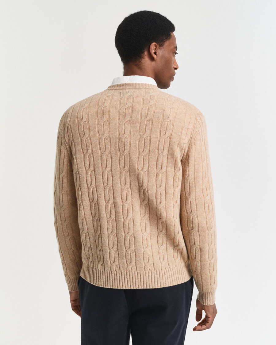 lambswool cable knit crew neck sweater - khaki melange