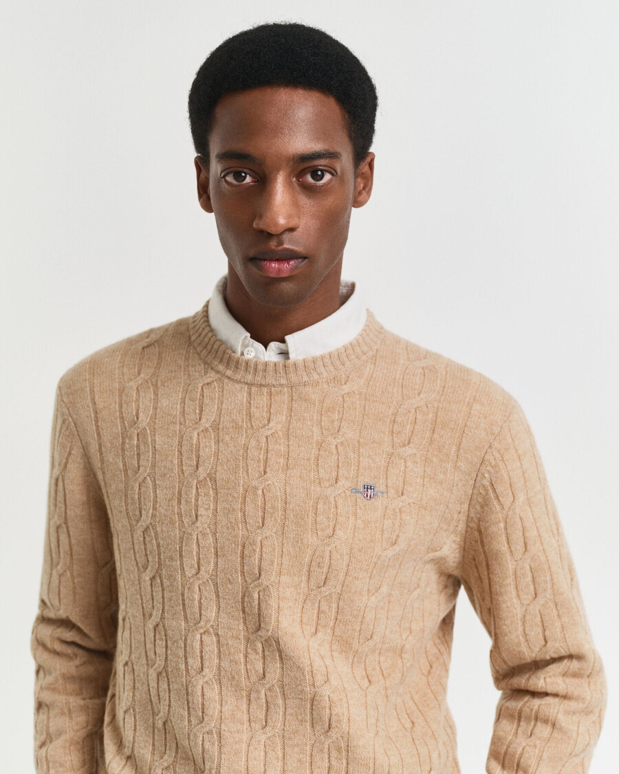lambswool cable knit crew neck sweater - khaki melange