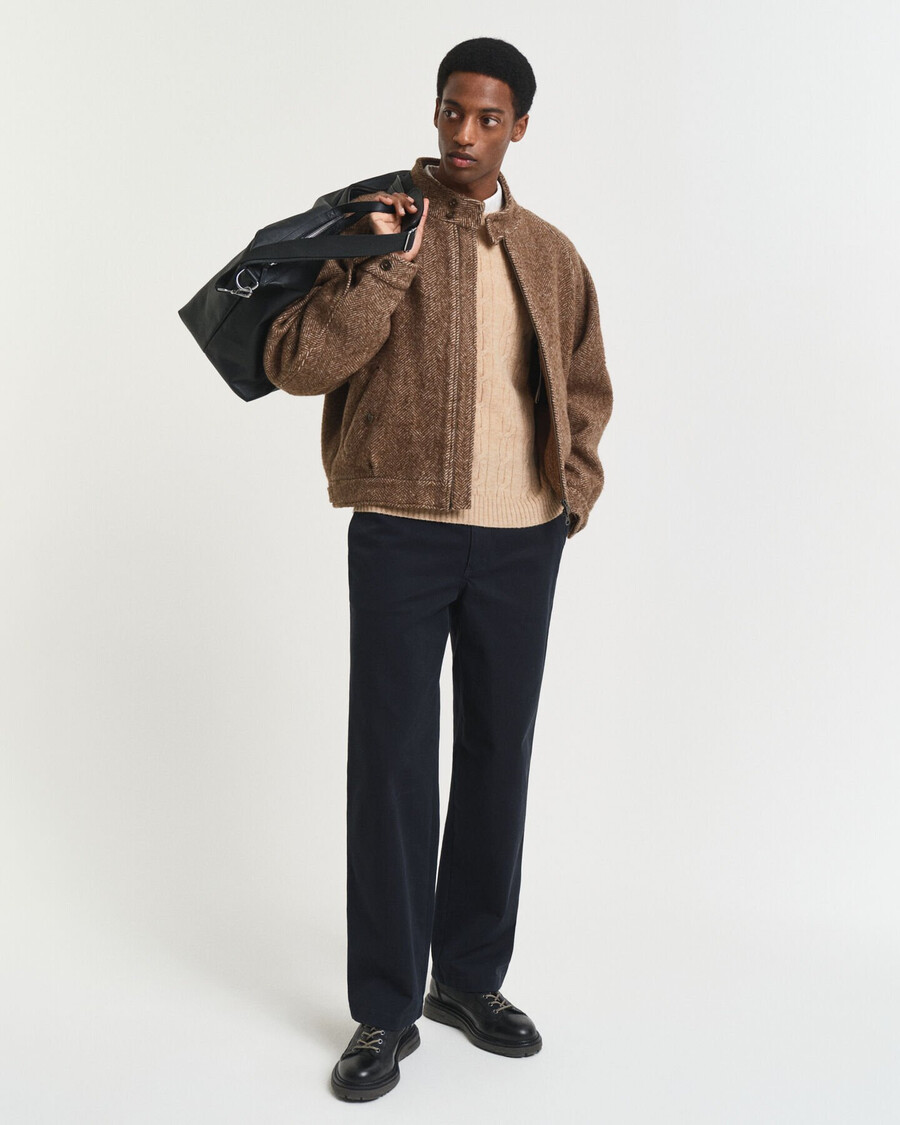 lambswool cable knit crew neck sweater - khaki melange