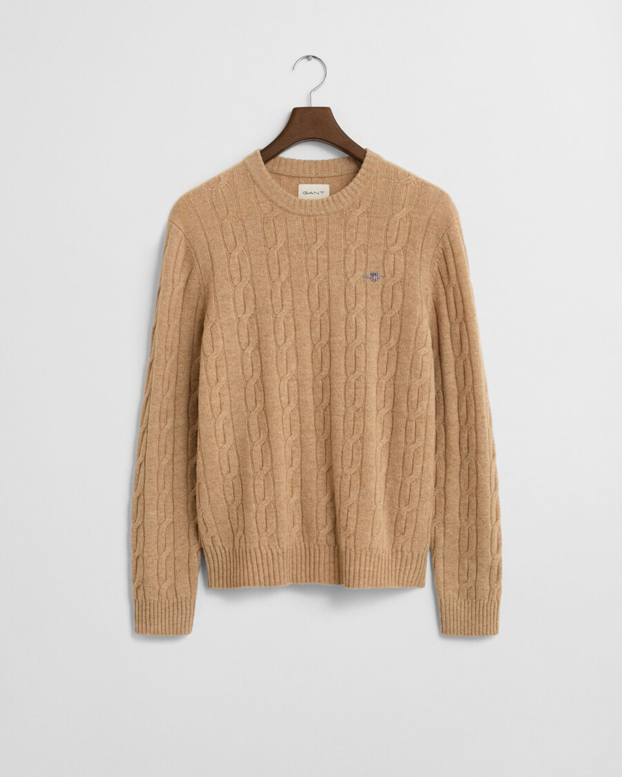 lambswool cable knit crew neck sweater - khaki melange