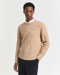 lambswool cable knit crew neck sweater - khaki melange