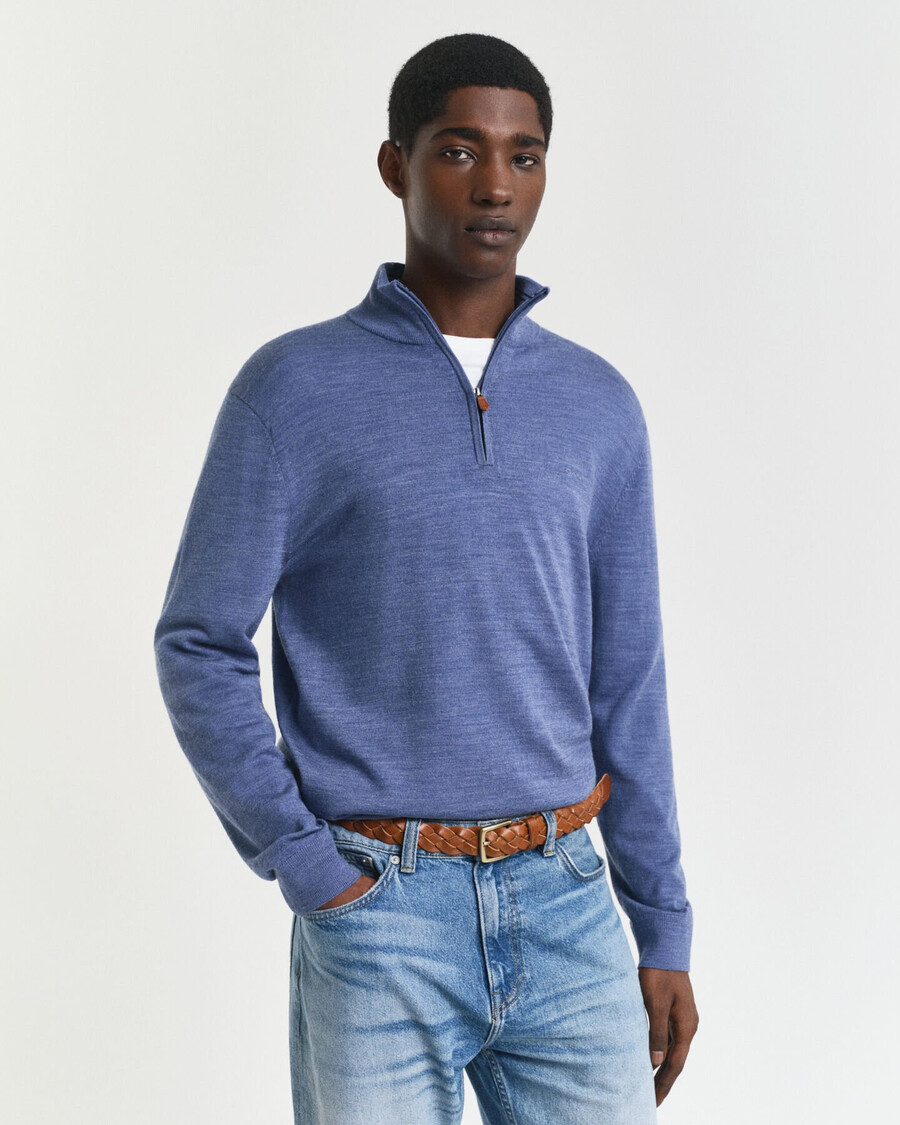 extra fine merino wool halfzip sweater - stone blue melange