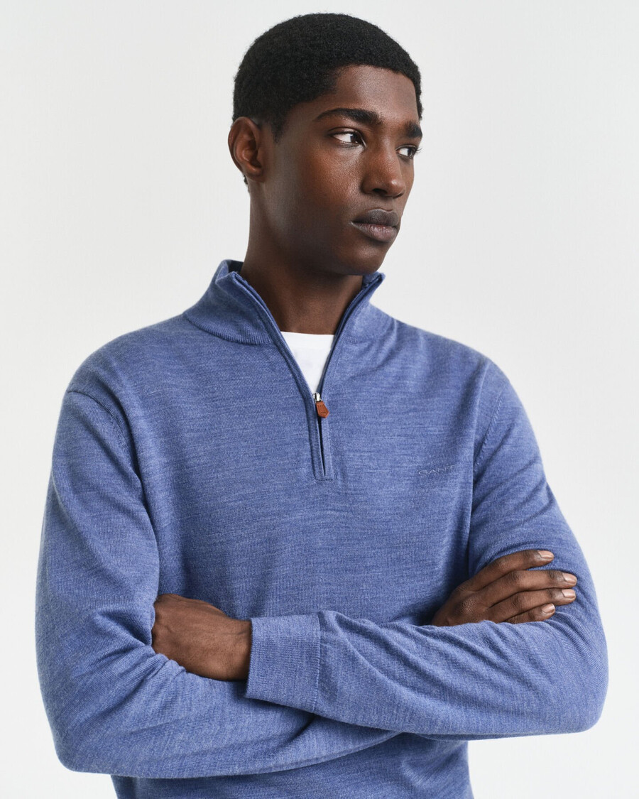 extra fine merino wool halfzip sweater - stone blue melange