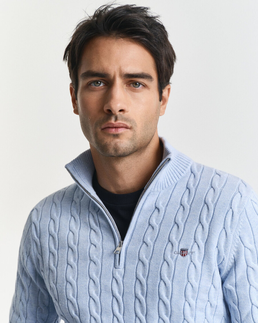 cotton cable knit halfzip sweater - ice blue melange