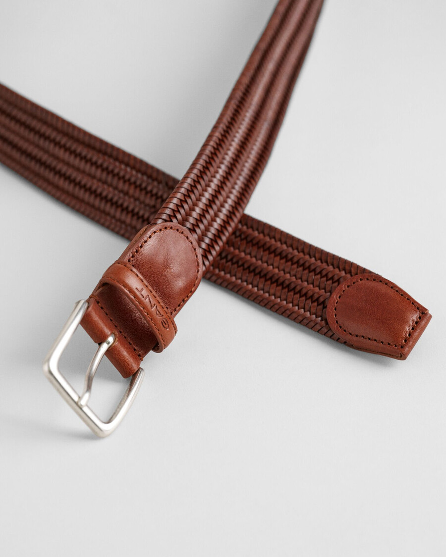 braided elastic leather belt - weathered brown