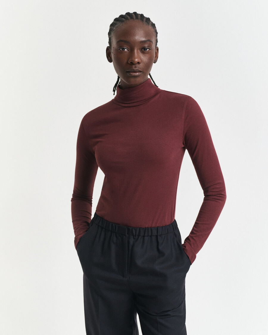 lightweight cotton turtleneck top - plum wine