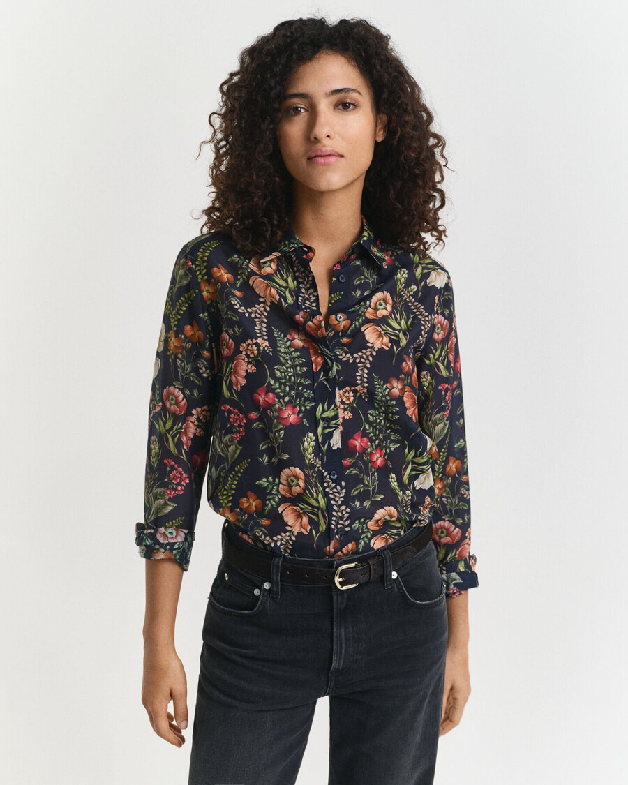 regular fit floral printed cotton silk shirt - evening blue