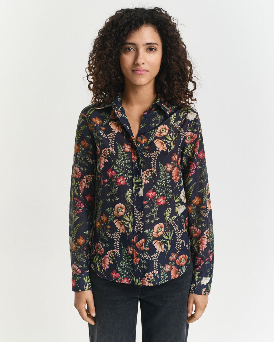 regular fit floral printed cotton silk shirt - evening blue