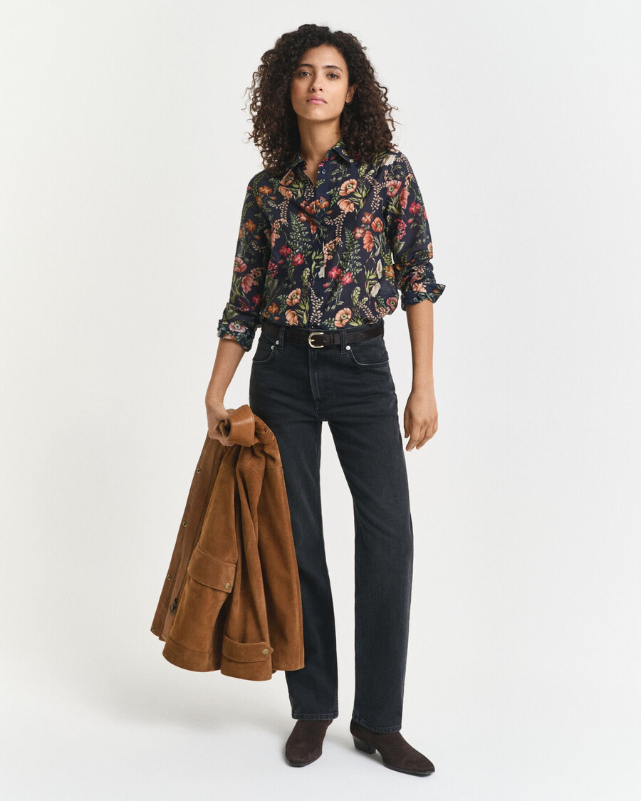 regular fit floral printed cotton silk shirt - evening blue