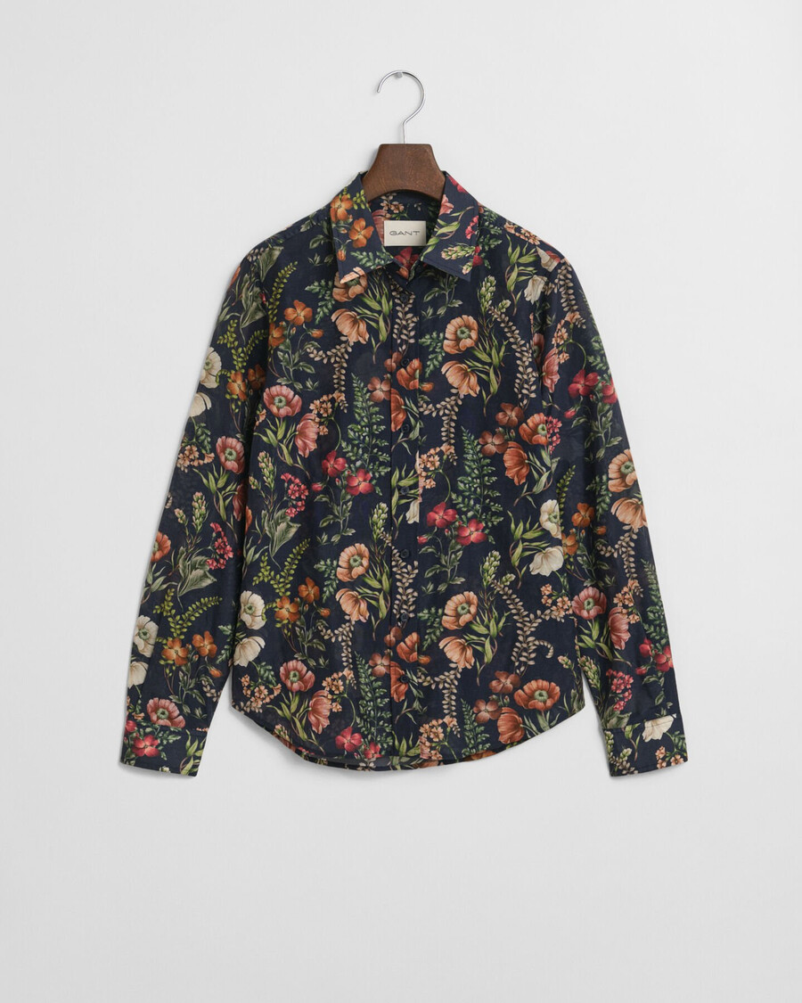 regular fit floral printed cotton silk shirt - evening blue